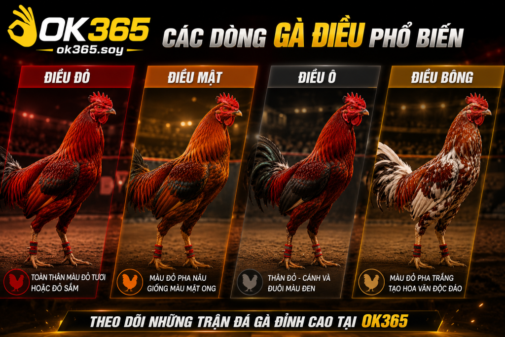 Các dòng Gà Điều gồm Điều Đỏ, Điều Mật, Điều Ô và Điều Bông với màu lông khác nhau