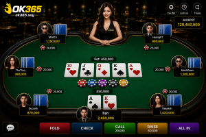 Giao diện bàn Poker trực tuyến với người chia bài, chip cược và các lá bài tại OK365.